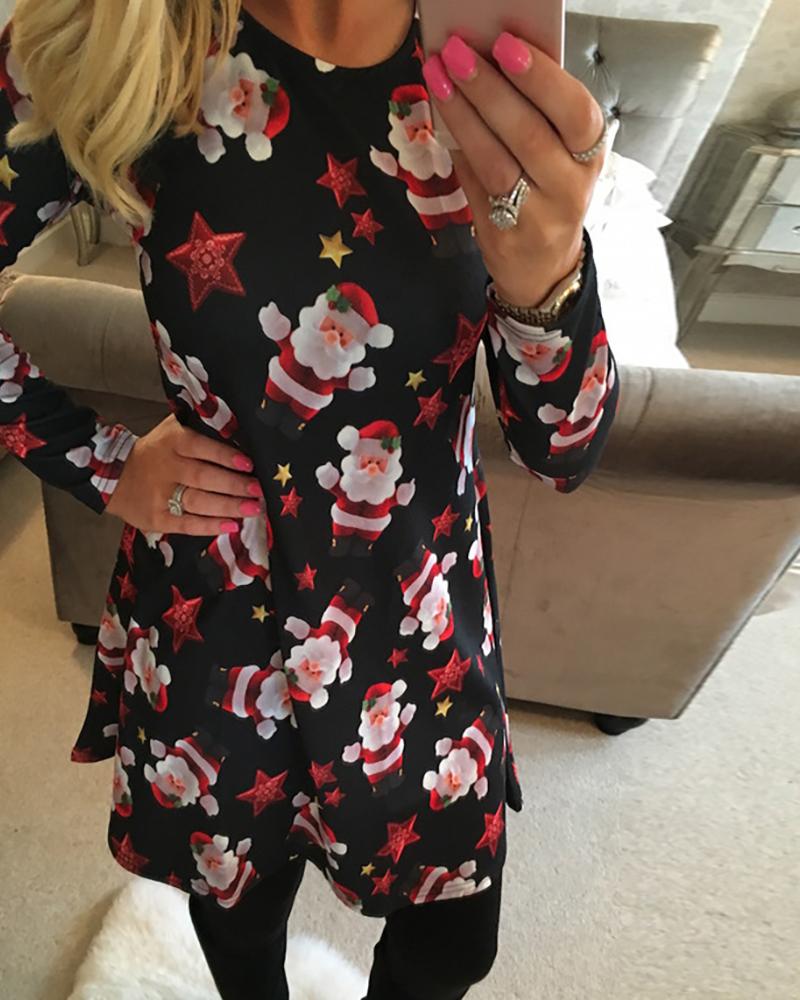 

Christmas Santa Claus Star Print Long Sleeve Dress, Black