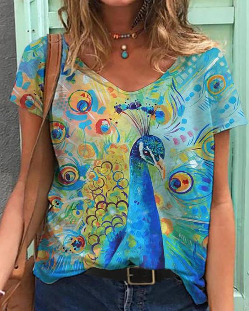 

Floral Animal Print V Neck Short Sleeve Casual T-Shirt, Style5