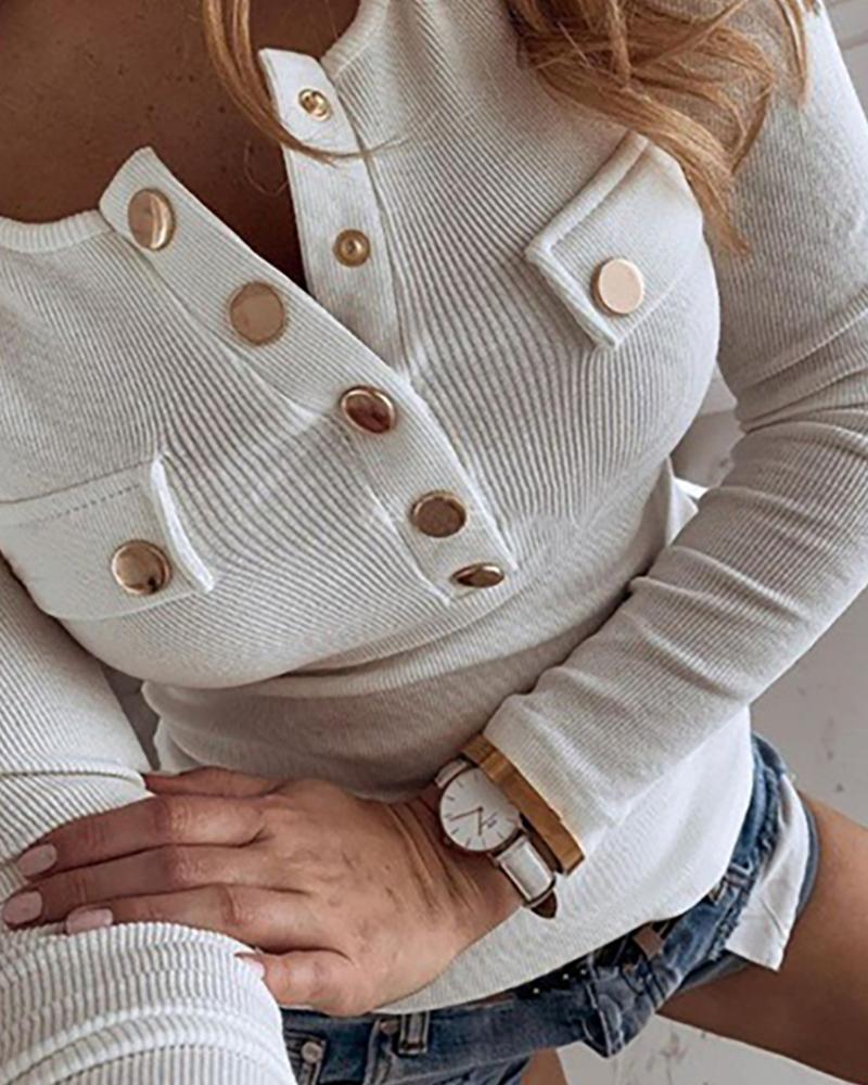 

Buttoned Ribbed Long Sleeve Blouse, White