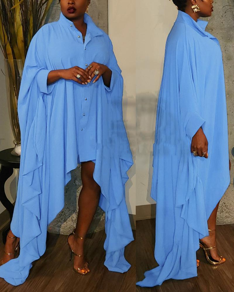 

Ruffle Hem Asymmetrical Shirt Dress, Blue