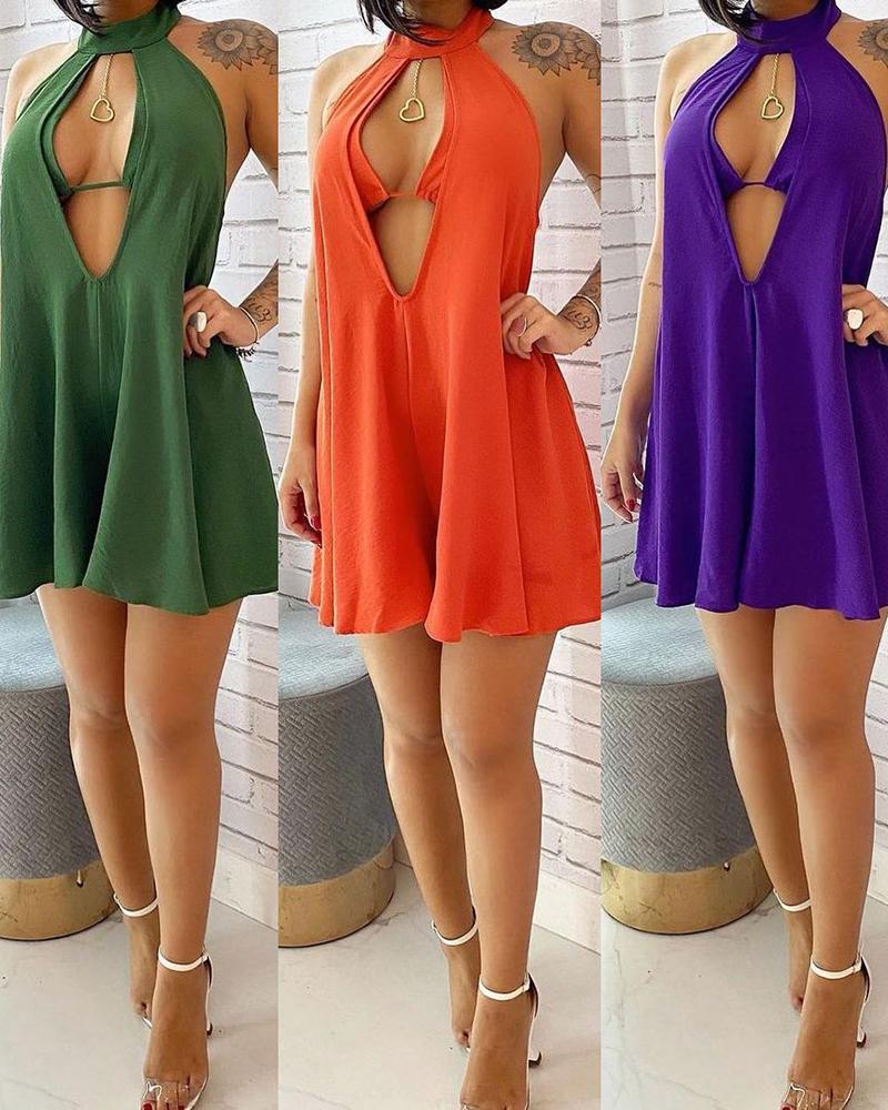 

Halter Plain Sleeveless Cutout Mini Dress With Bra, Purple