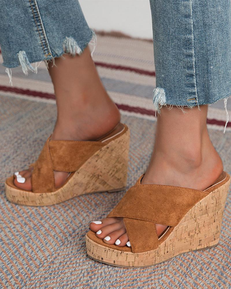 

Solid Open-toe Cut-out Patch Wedge Shoes, Brown