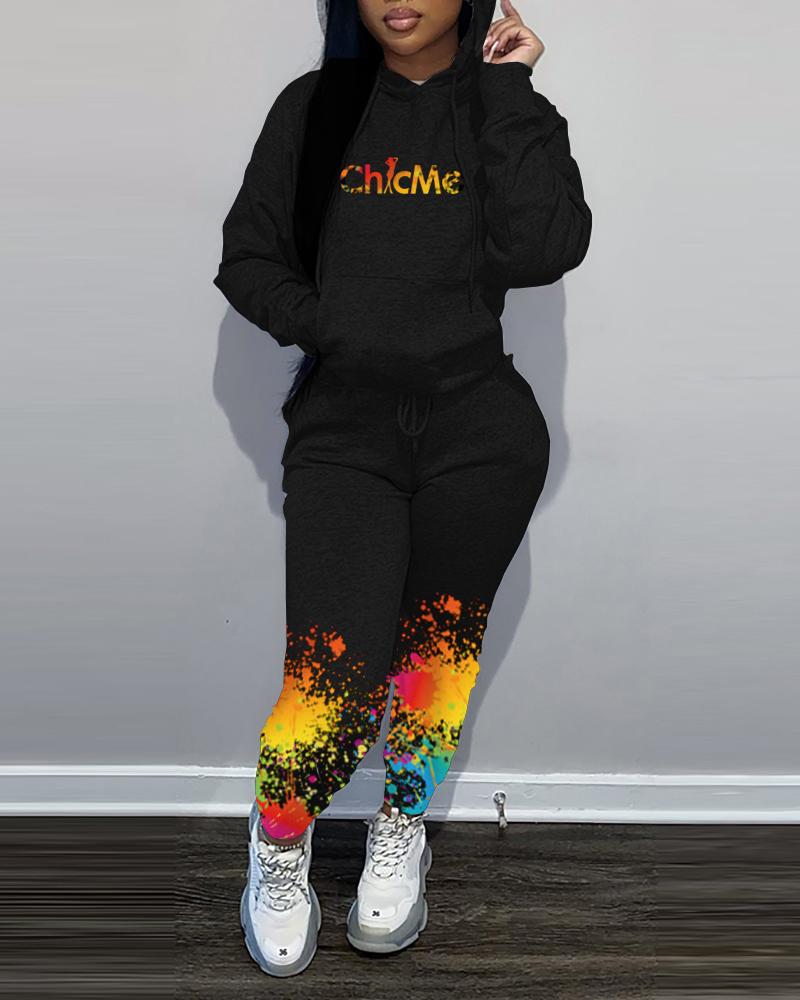

ChicMe Letter Print Hoodie & Ink Splash Print Pants Set, Black