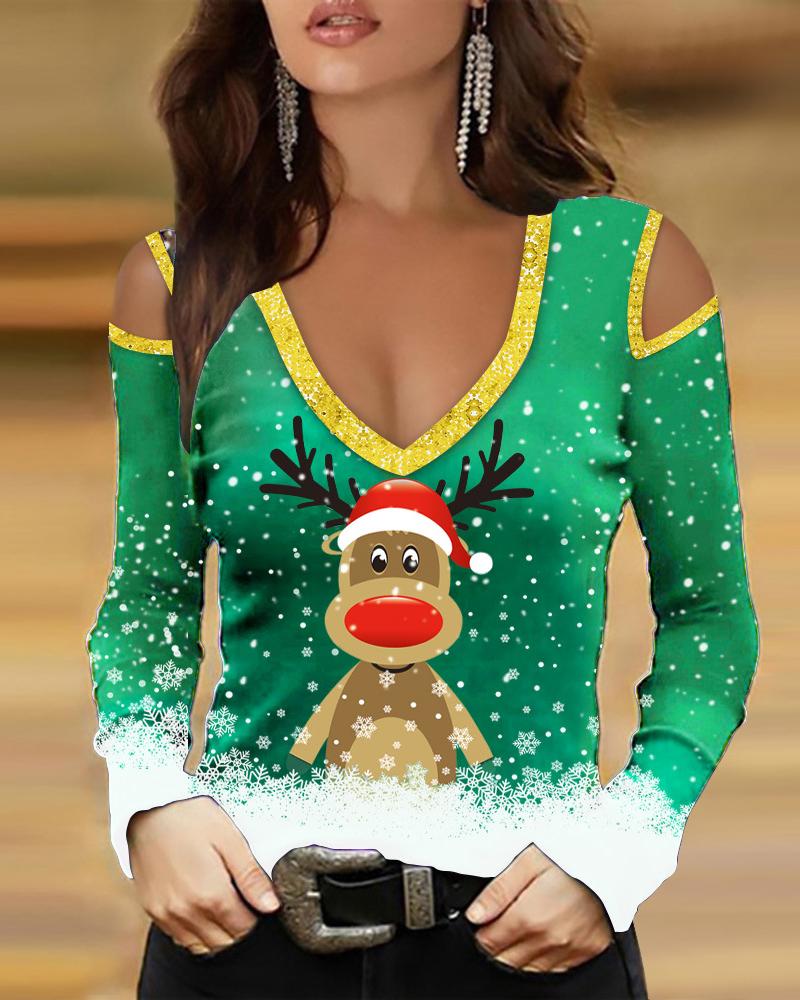 

Christmas Cold Shoulder Elk Snowflake Print Casual Top, Green