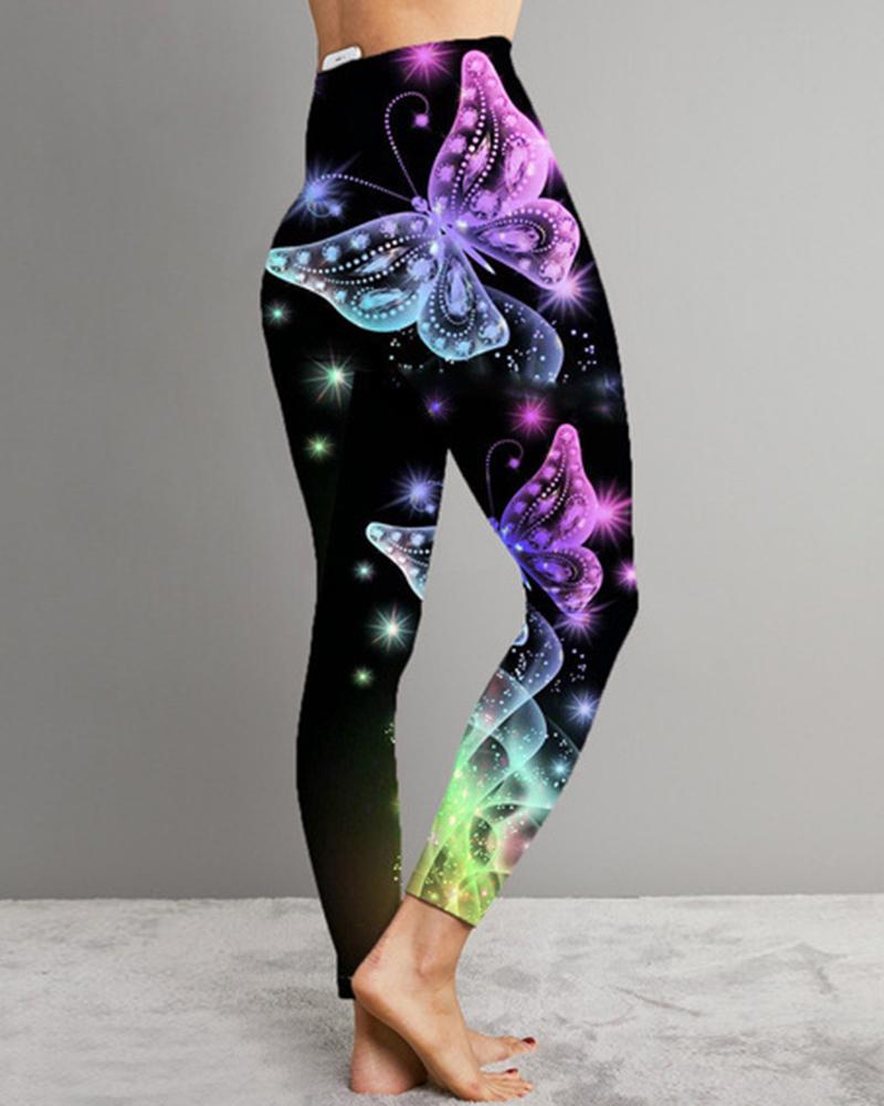 

Butterfly Print Skinny Yoga Pants, Purple