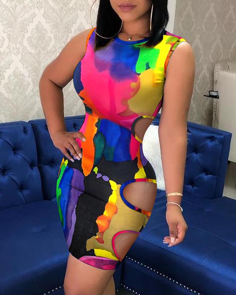 

Tie Dye Print Sleeveless Cutout Bodycon Dress, Multicolor