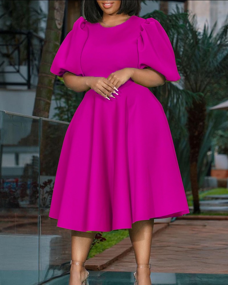 

Puff Sleeve Round Neck Ruched Party Dress, Hot pink