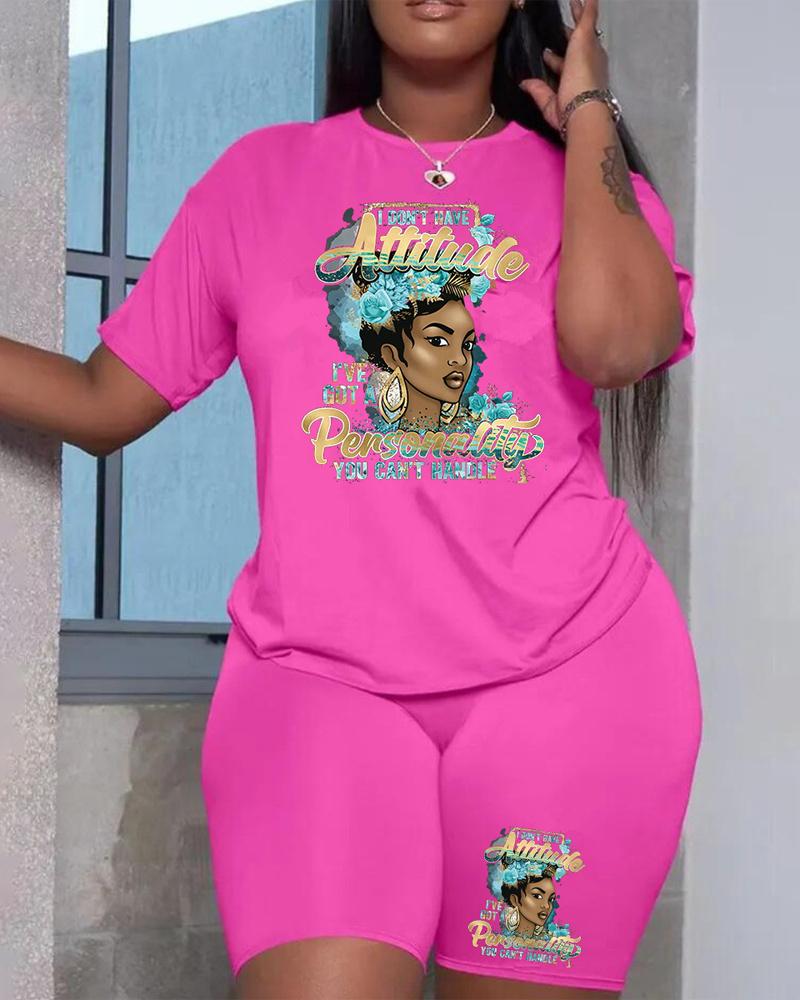 

Figure Letter Print Casual Top & Shorts Set, Hot pink