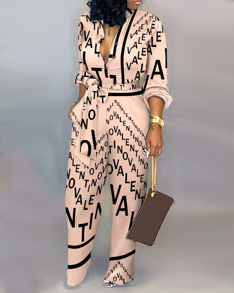 

Letter Print Long Sleeve Belted Jumpsuit, Apricot