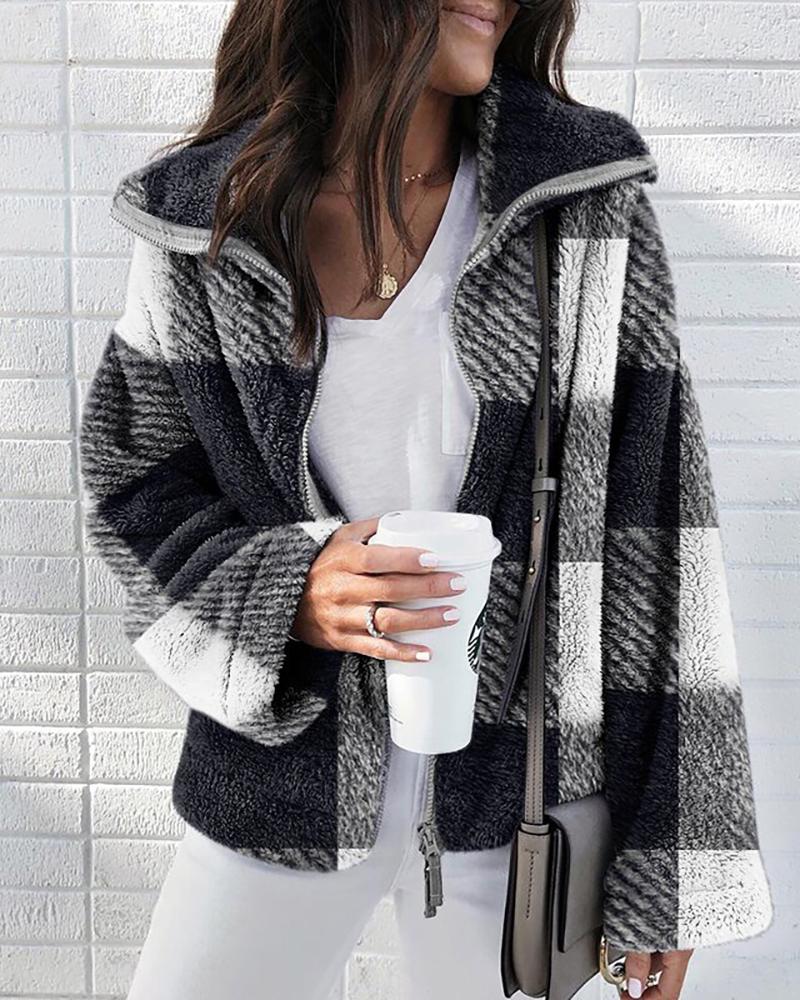 

Zipper Design Long Sleeve Plaid Teddy Coat, Black