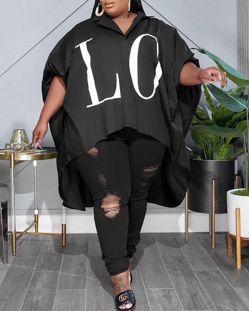 

Plus Size Letter Print High Low Hem Shirt, Black