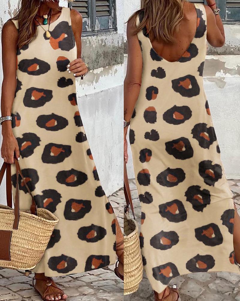 

Leopard Print Sleeveless Slit Backless Maxi Dress, Khaki