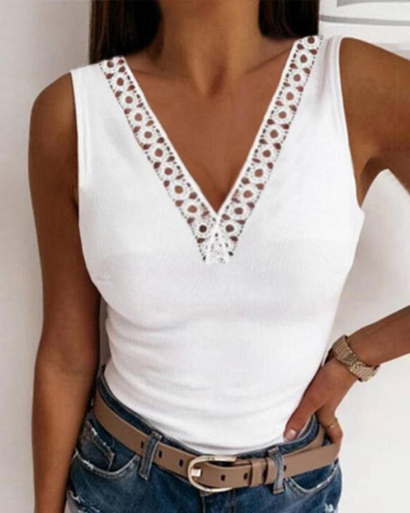 

Contrast Lace V-Neck Tank Top, White