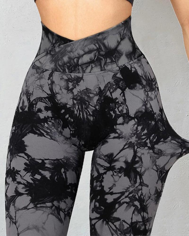 

Tie Dye Print Butt Lifting High Waist Sports Yoga Pants, Dark grey