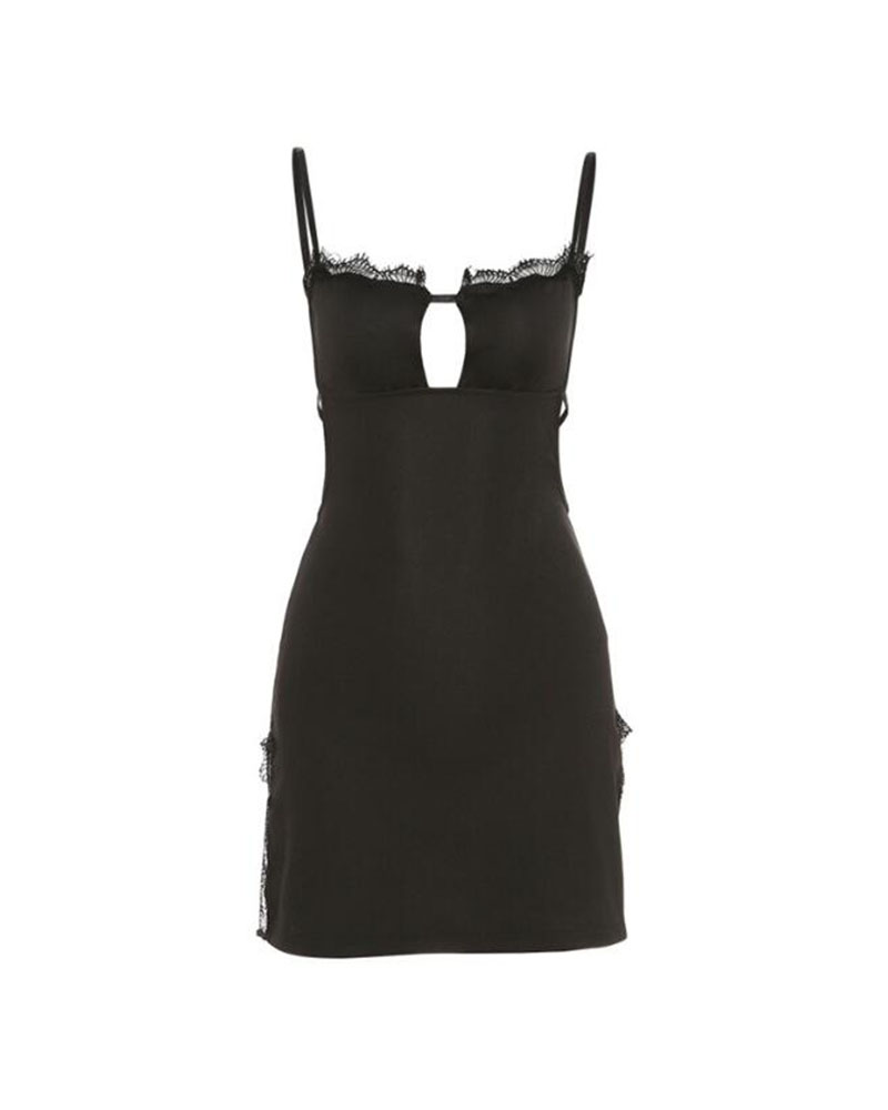 

Contrast Lace Split Hem Backless Babydoll, Black