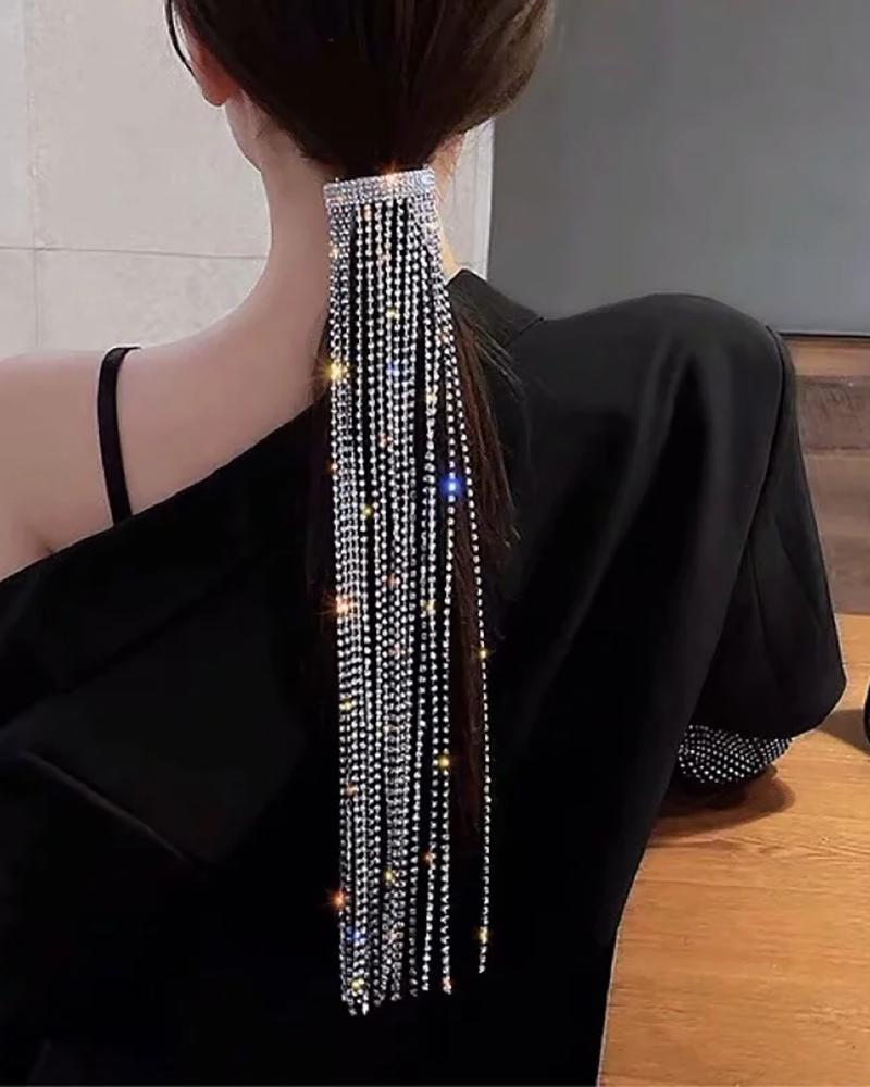 

Allover Rhinestone Tassel Decor Hair Clip, Silver