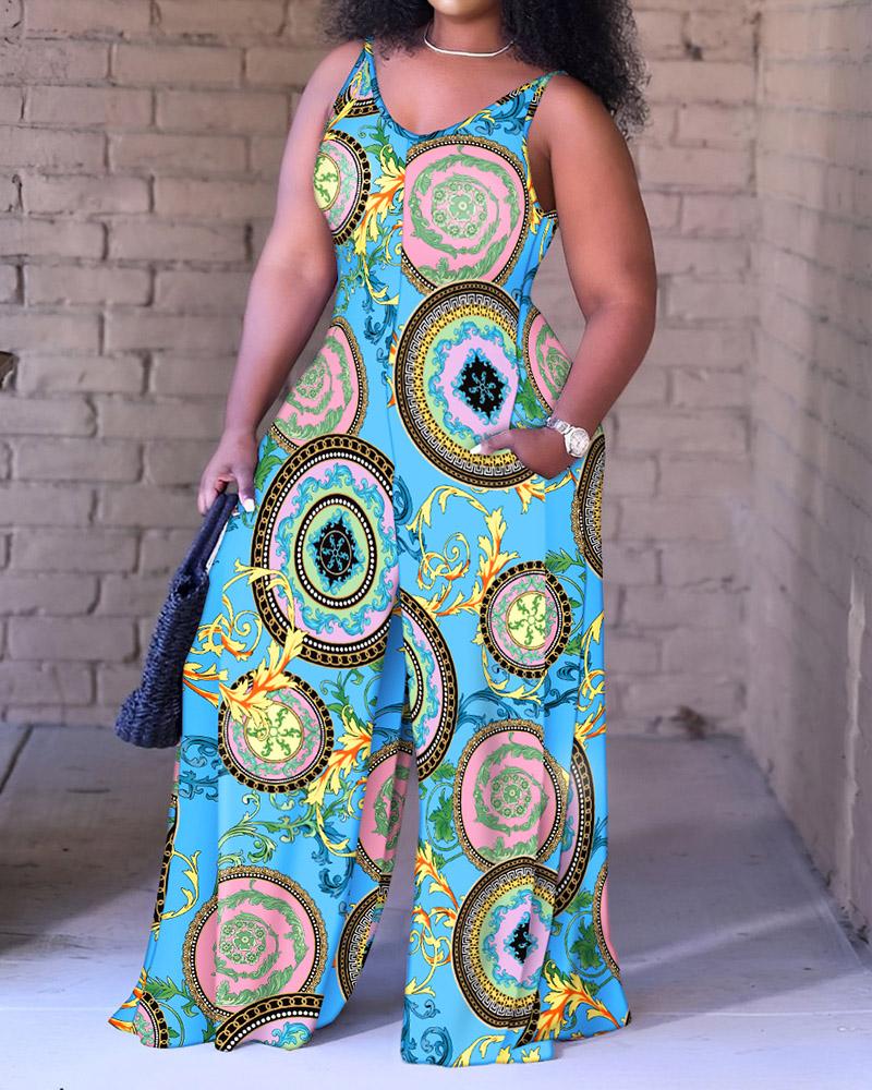 

Plus Size Baroque Print Wide Leg Jumpsuit, Blue