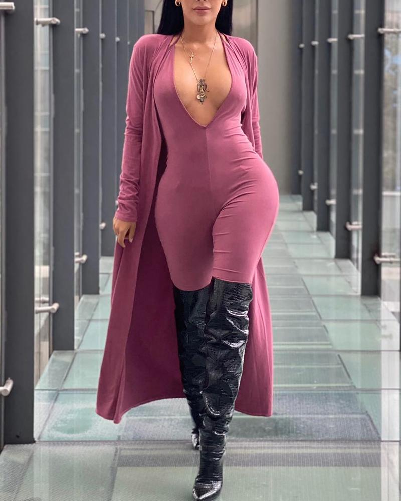 

Plunge Jumpsuit With Long Sleeve Cardigan, Red
