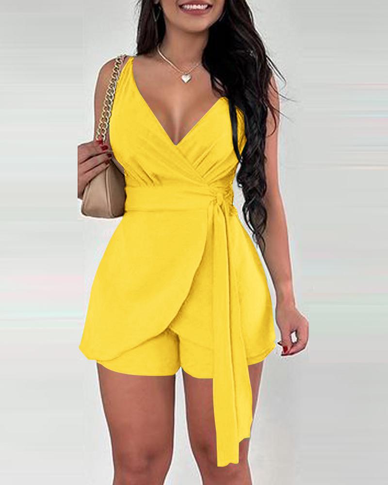 

Spaghetti Strap Tied Detail Romper, Yellow