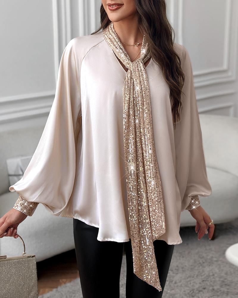 

Tie Neck Contrast Sequin Lantern Sleeve Top, Apricot