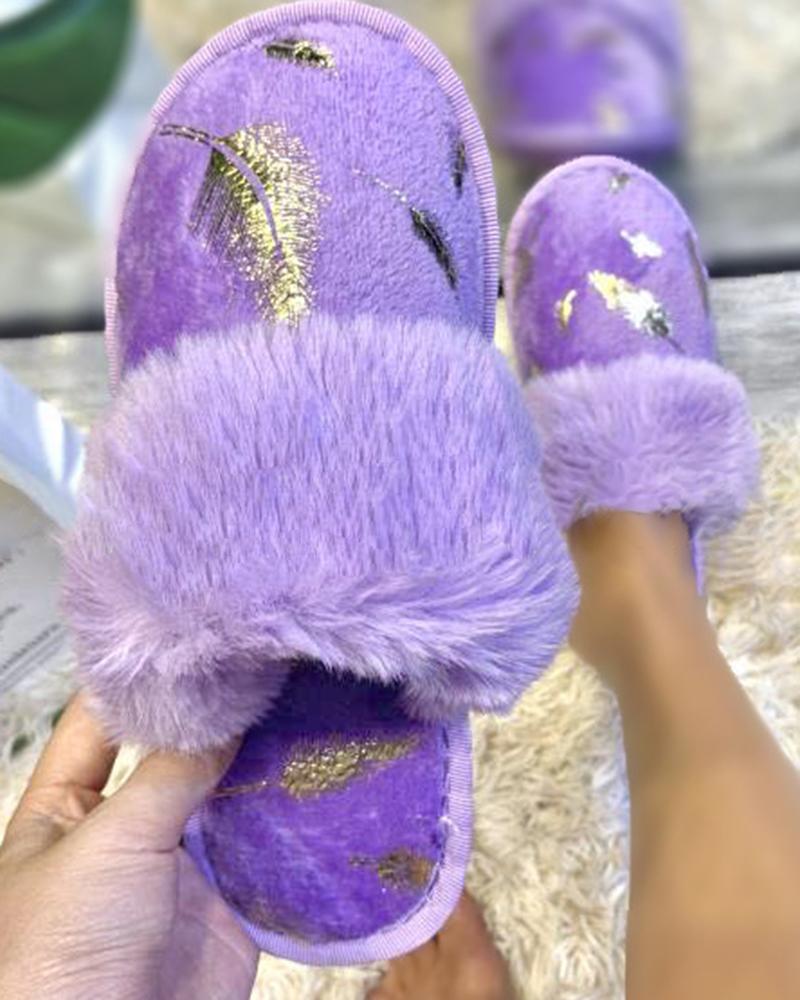 

Feather Embroidery Fuzzy Trim Winter Lined Slippers, Purple