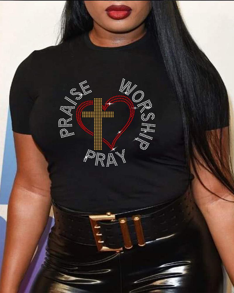 

Plus Size Praise Worship Pray Heart Cross Rhinestone Casual T-shirt, Black