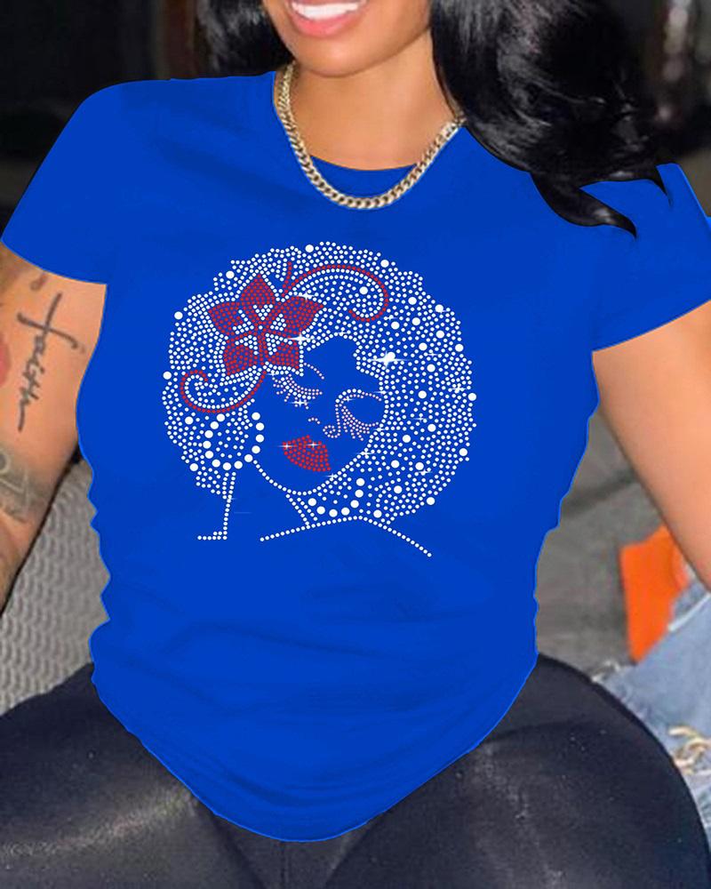 

Rhinestone Figure Pattern Casual T-shirt, Blue