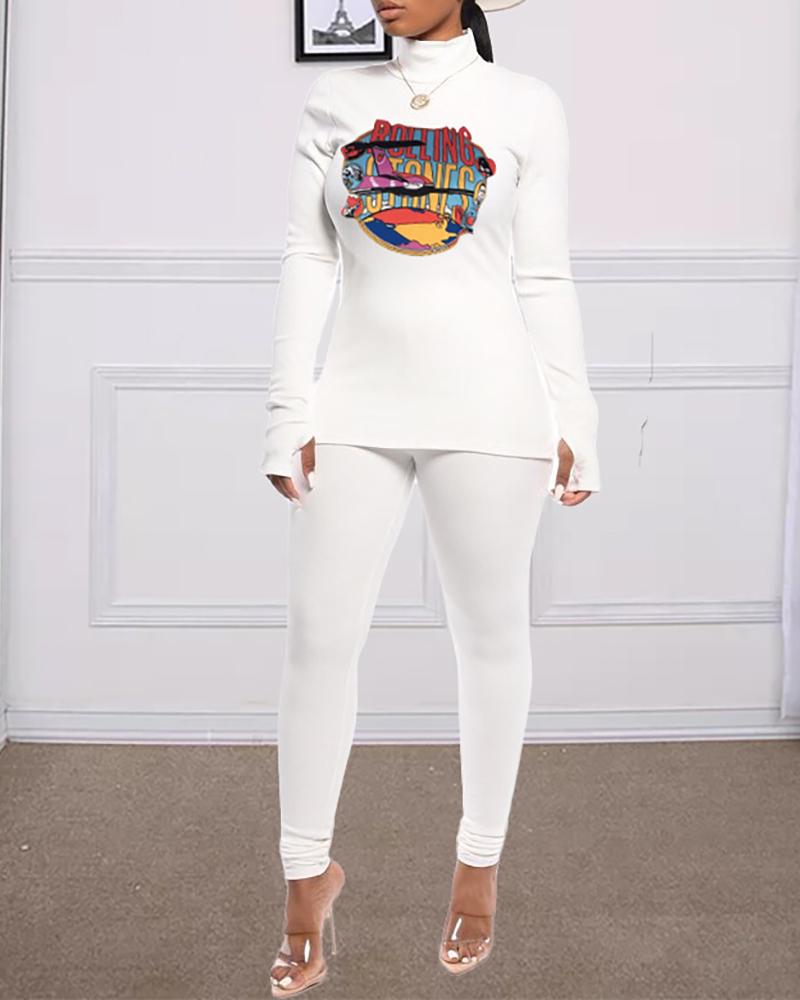 

Letter Cartoon Print Top & Fitted Pants Set, White