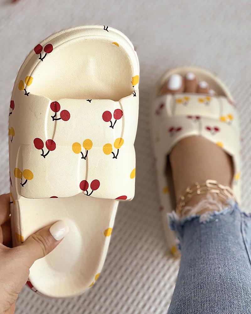 

Cherry Print One Strap Slippers, Beige