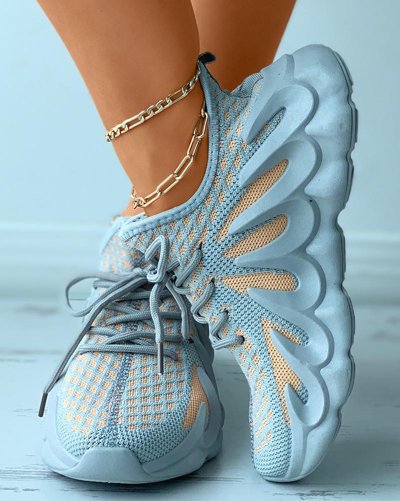 

Colorblock Knit Breathable Lace-up Sporty Sneakers, Orange