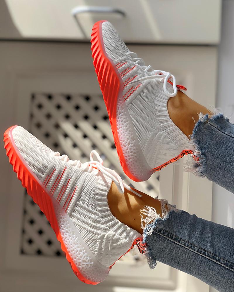 

Colorblock Knitted Breathable Lace-Up Yeezy Sneakers, White