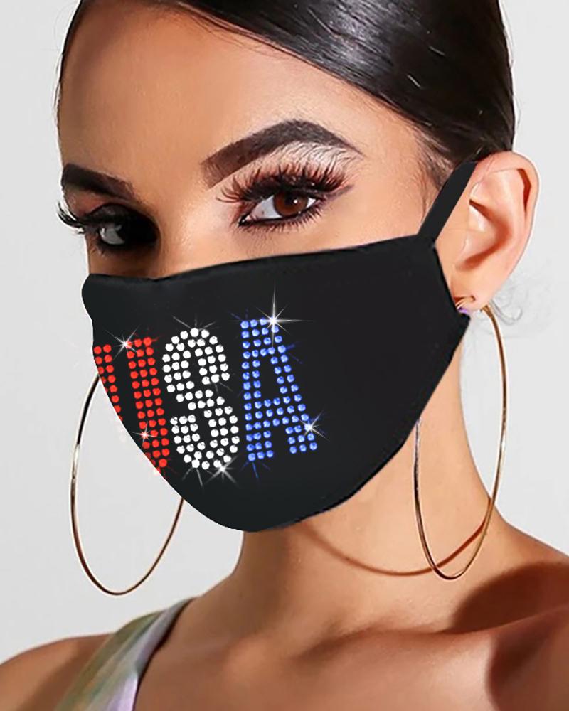 

Flag Letter Floral Pattern Bling Rhinestone Face Mask, Style2