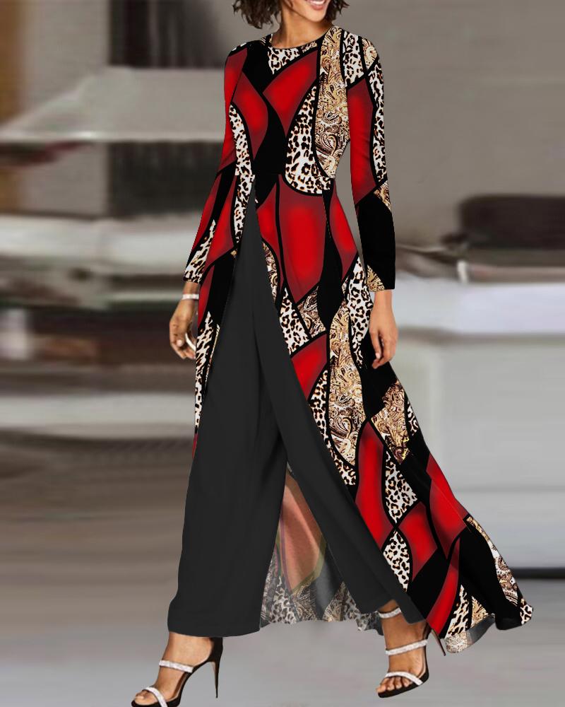 

Baroque Leopard Print Patchwork Asymmetrical Jumpsuit, Red