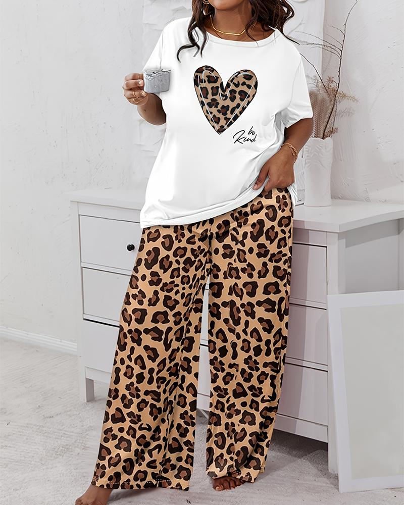 

Plus Size Heart Letter Leopard Print Wide Leg Pajamas Set, White