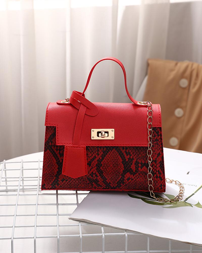 

Snakeskin Twist Lock Square Satchel Bag, Red