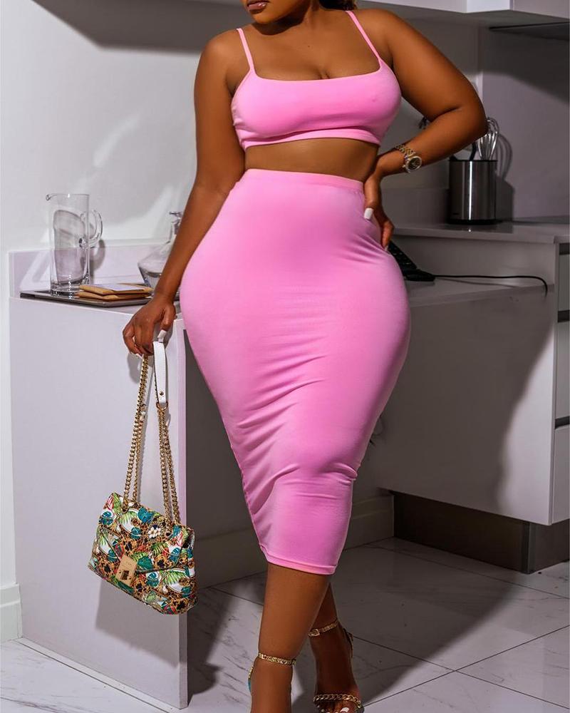 

Plus Size Crop Top & High Waist Skirt Set, Pink