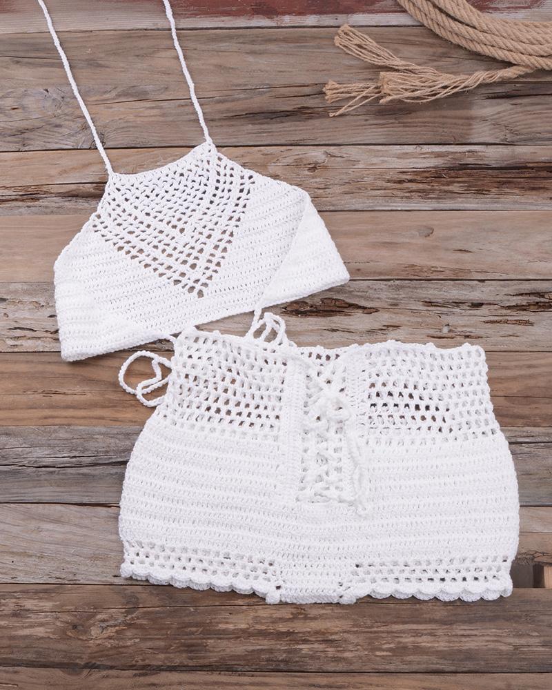 

Hollow Out Halter Crochet Tankini Set, White