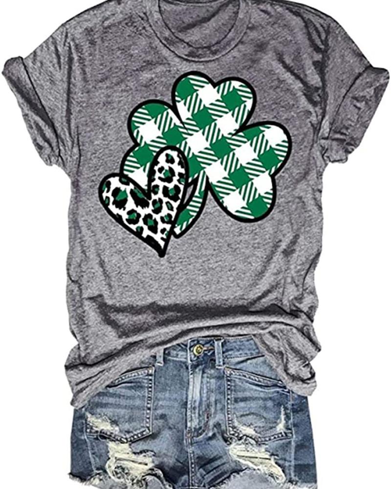 

St. Patrick' Day Lucky Clover Print Round Neck Casual T-shirt, Style1