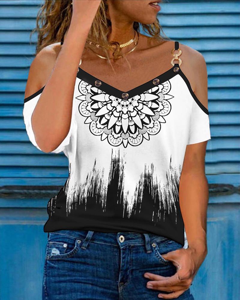 

Tribal Print Cold Shoulder Top, Blackwhite