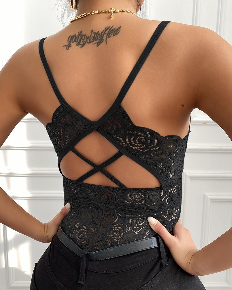 

Plunge Backless Lace Cami Tank Top, Black