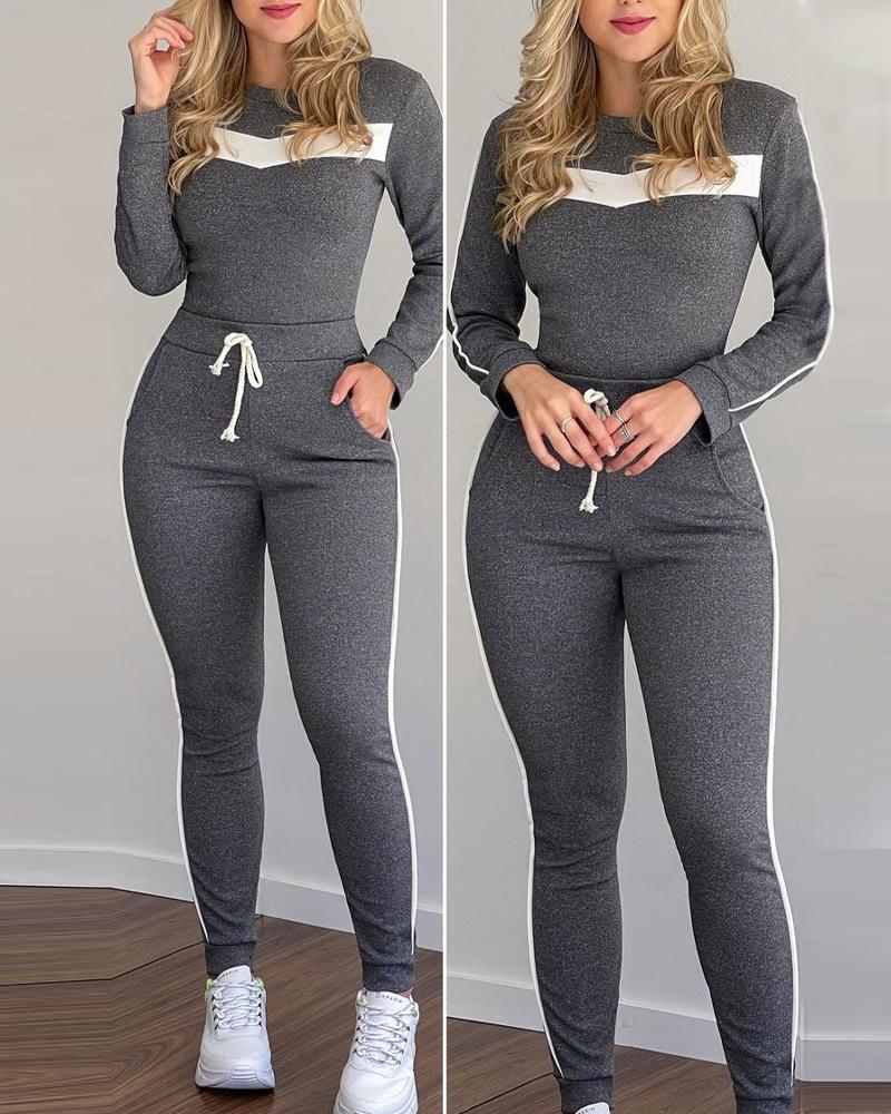 

Contrast Binding Colorblock Long Sleeve Top & Drawstring Pocket Pants Set, Gray