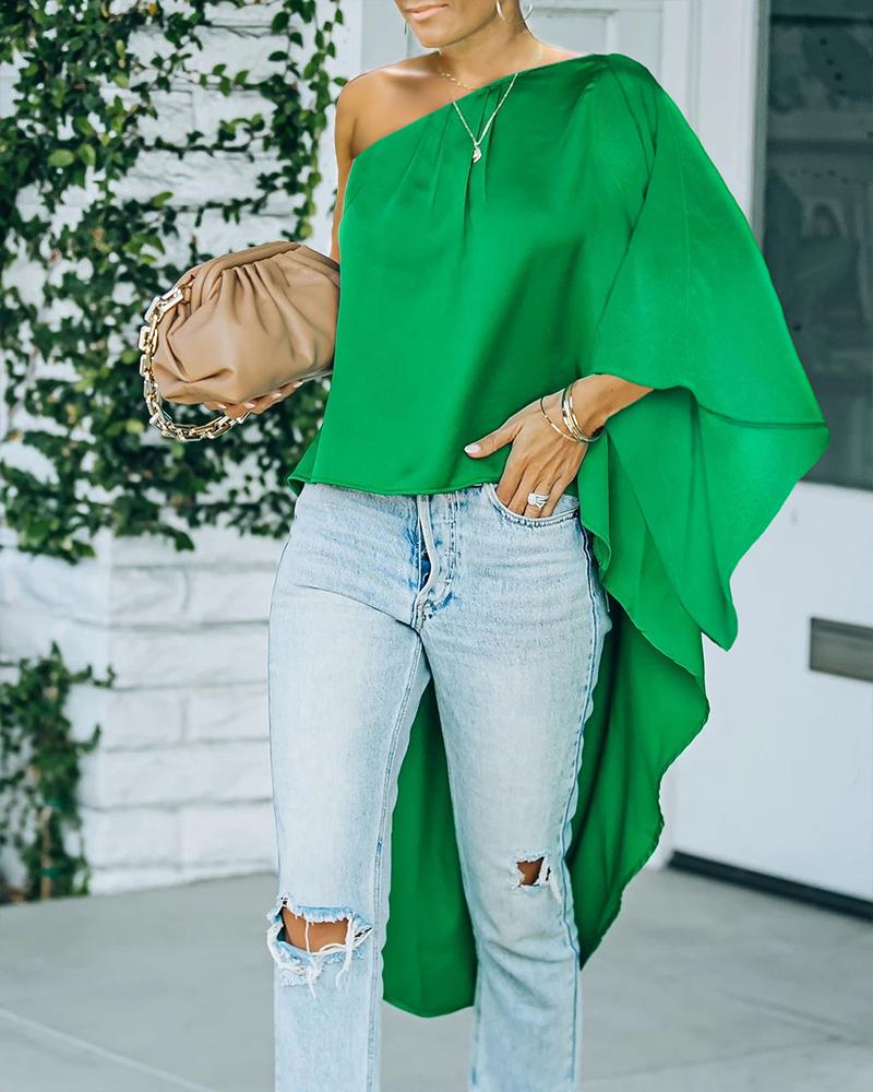 

Slash Neck Asymmetrical Plain Dip Hem Top, Green