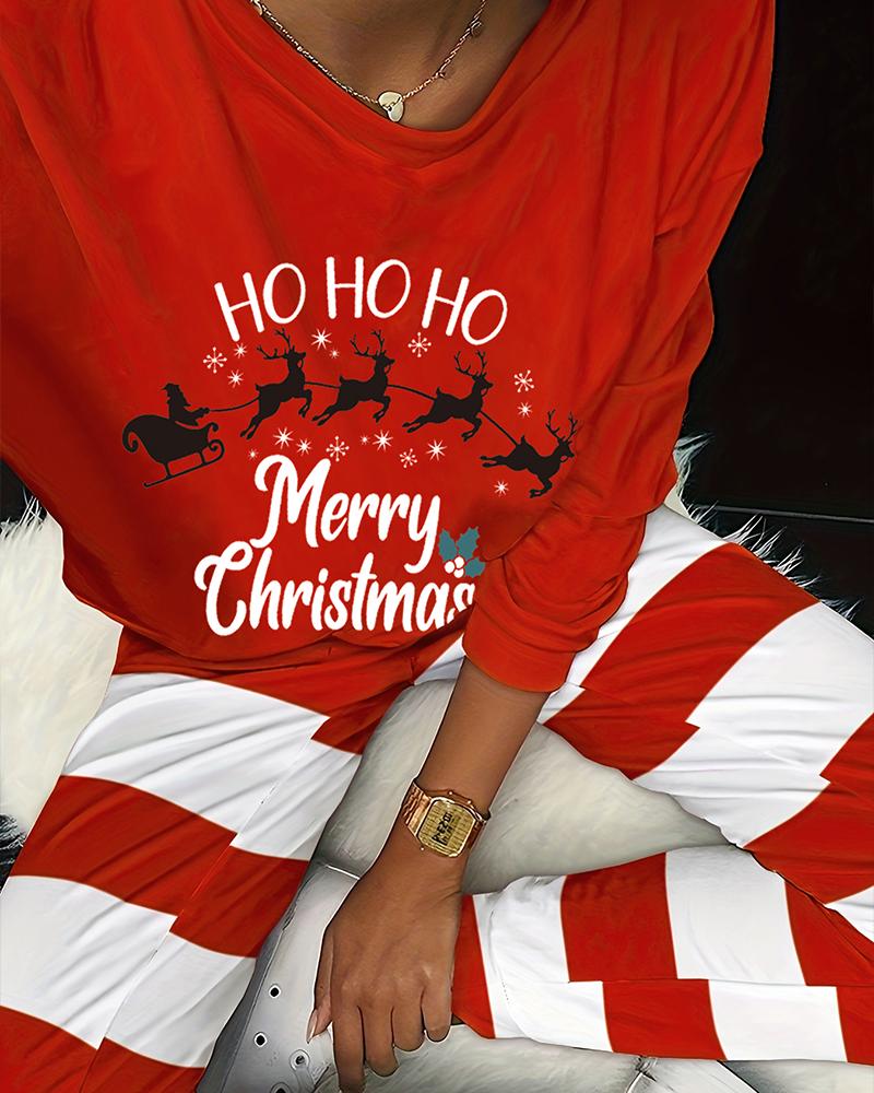 

Merry Christmas Santa Claus Elk Print Striped Pocket Design Pajamas Set, Red