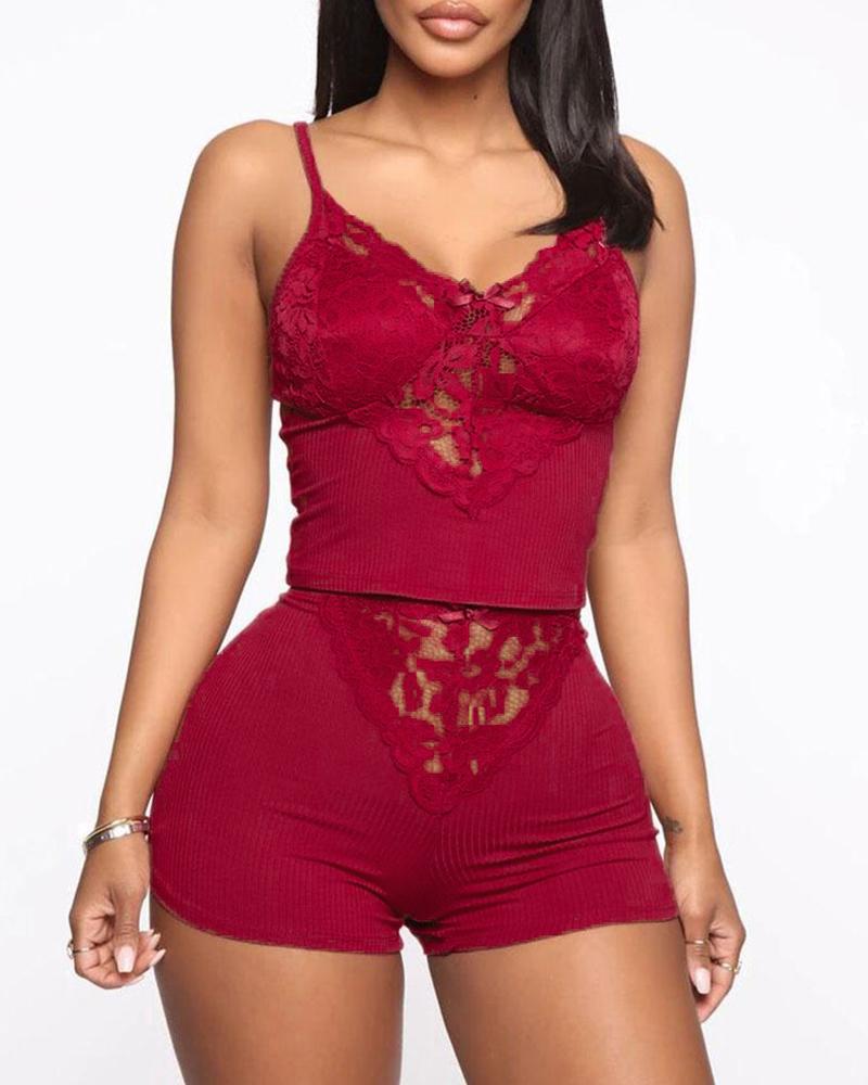 

Eyelash Lace Bowknot Decor Cami Set, Red