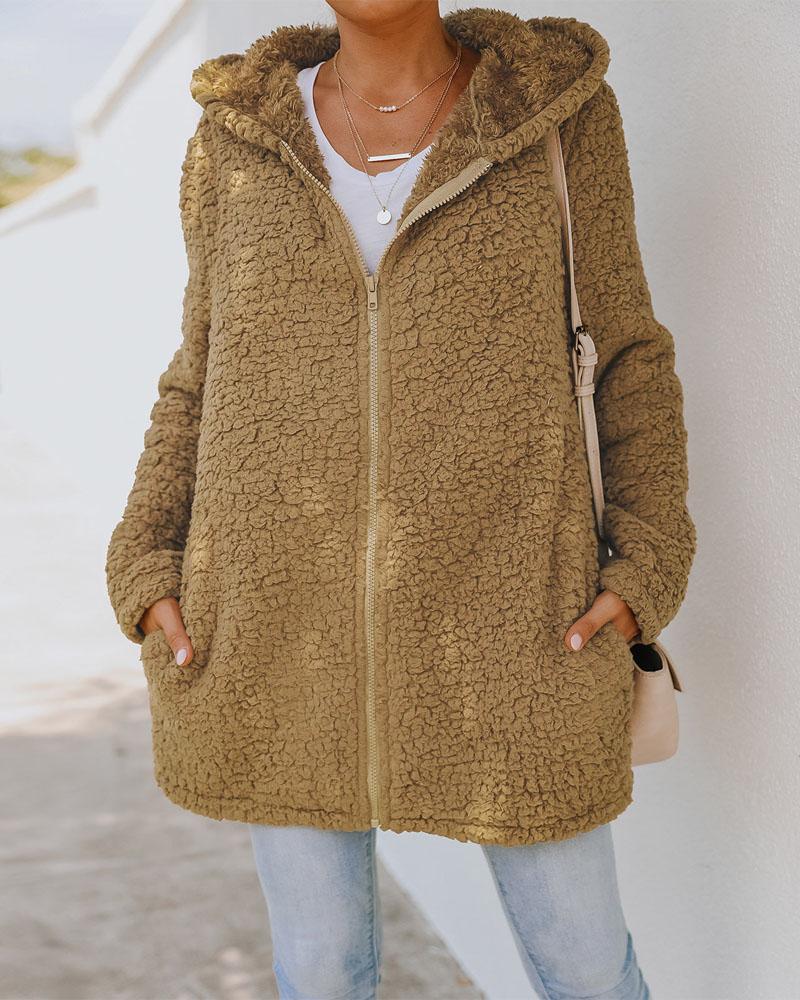 

Long Sleeve Zip Up Hooded Teddy Coat, Khaki