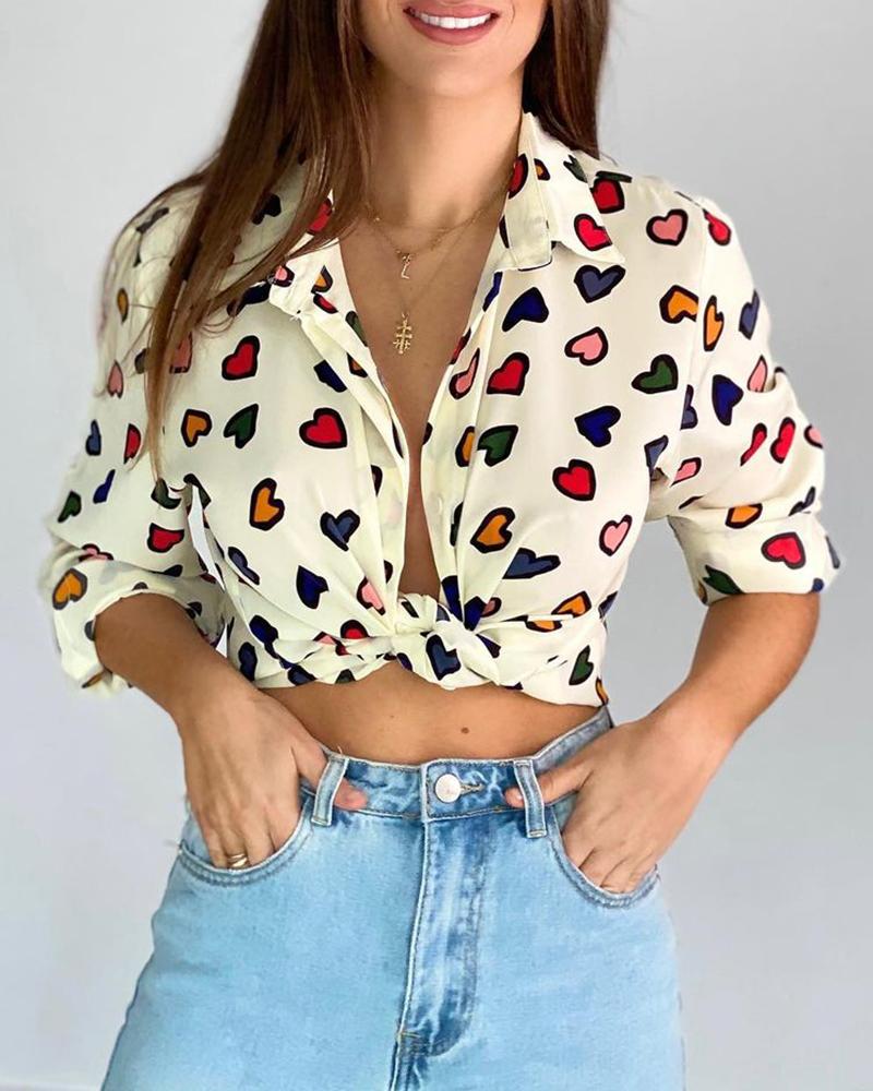 

Heart Print Long Sleeve Twisted Crop Shirt, Beige