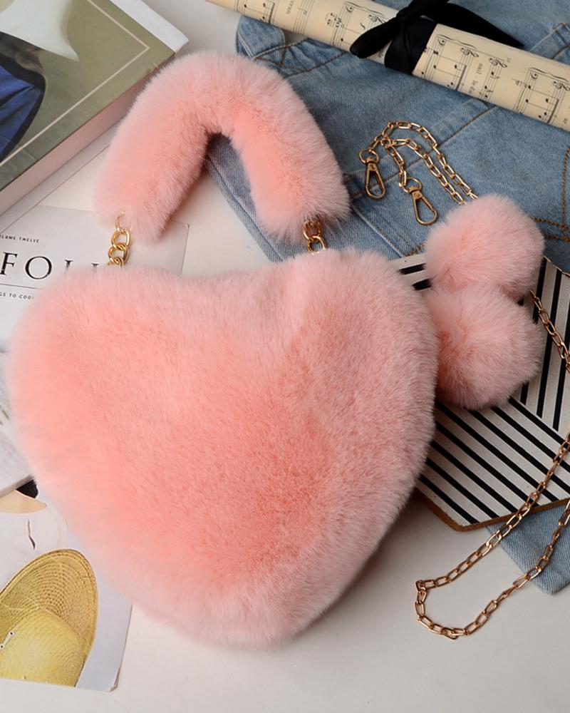 

Fluffy Heart Shaped Pom Pom Chain Strap Handbag, Pink