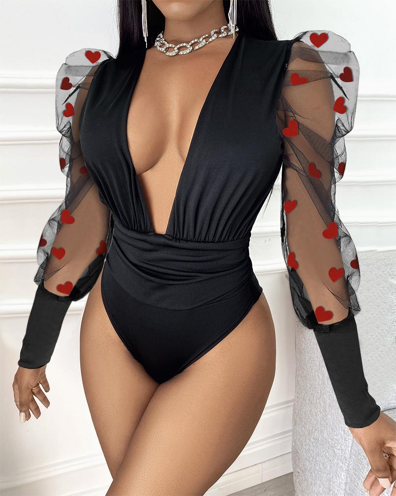 

Heart Pattern Sheer Mesh Puff Sleeve Bodysuit, Black