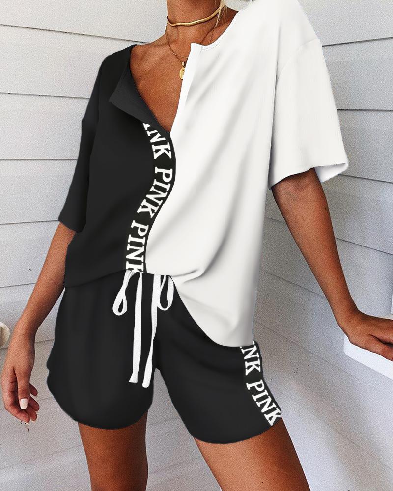 

Colorblock V-neck Short Sleeve Pajamas Set, Black