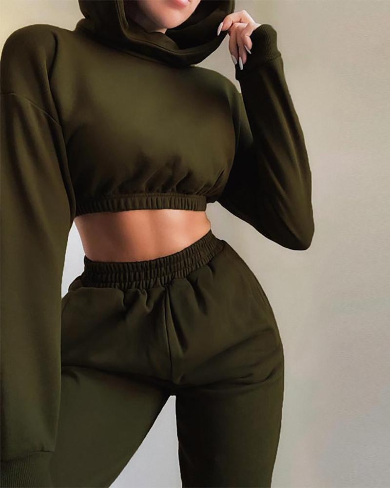 

Long Sleeve Casual Hooded Top & High Waist Pants Set, Army green